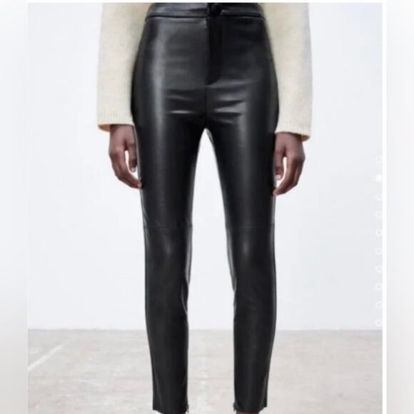 Zara Black Faux Leather‎ Raw Edge Ankle Zip High Rise Leggings NWT Sz XXL - Picture 1 of 14